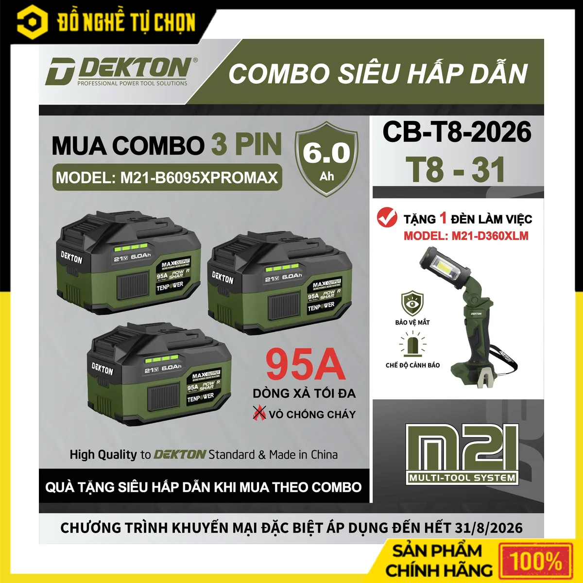 Combo 3 Pin 21V 6.0Ah Dekton M21-B6095XPROMAX – 15 Cell TP, Dòng Xả 95A, Vỏ Chống Cháy