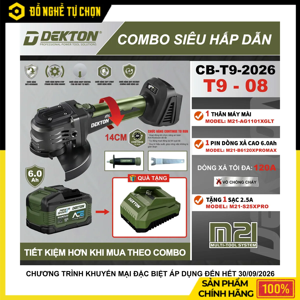 Combo Máy Mài Góc Pin 21V Dekton M21-AG1101XGLT Công Tắc Trượt + Pin 6.0Ah + Sạc 2.5A – 5 Tốc Độ