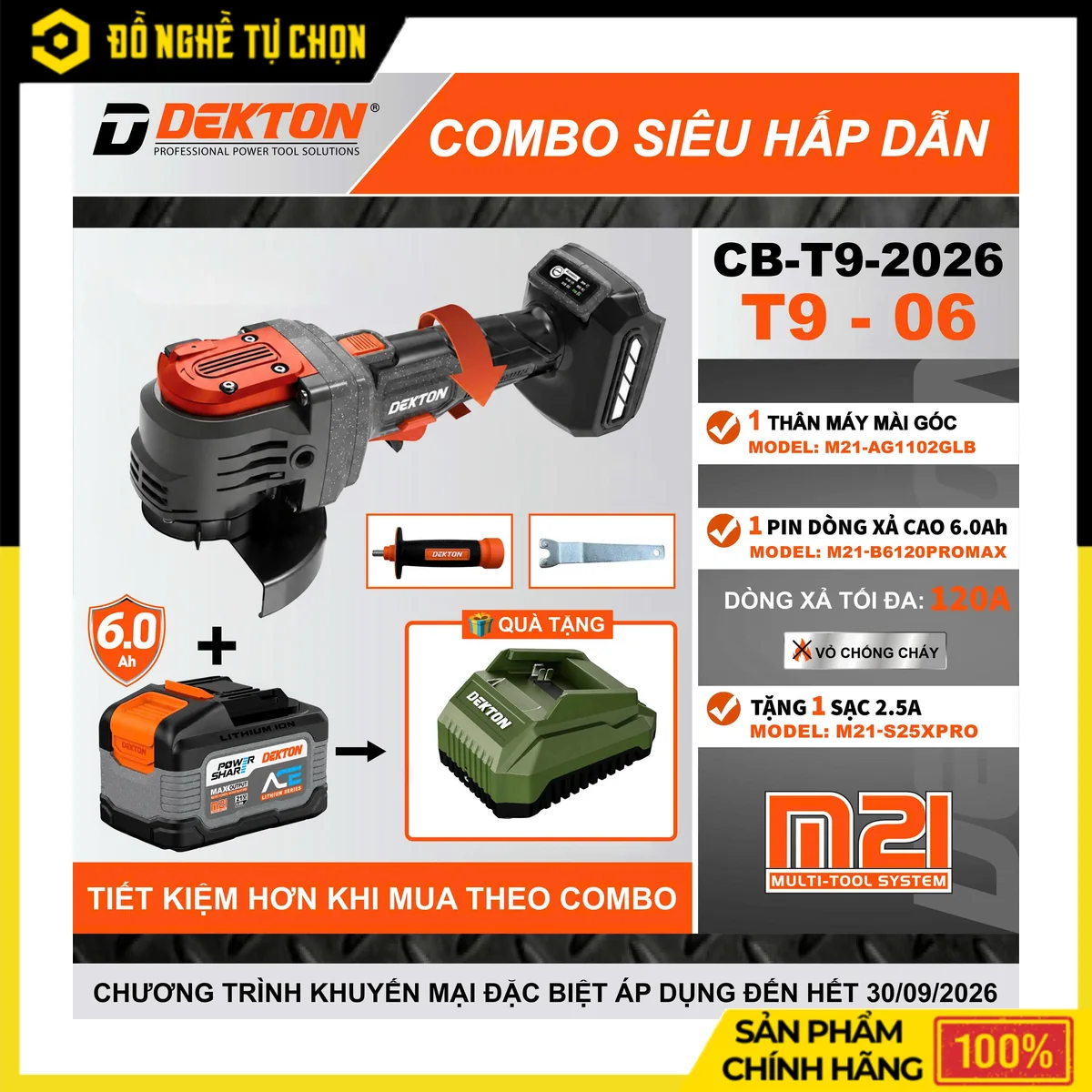 Combo Máy Mài Góc Pin 21V Dekton M21-AG1102GLB Công Tắc Bóp + Pin 6.0Ah + Sạc 2.5A – Xoay Đầu 180°