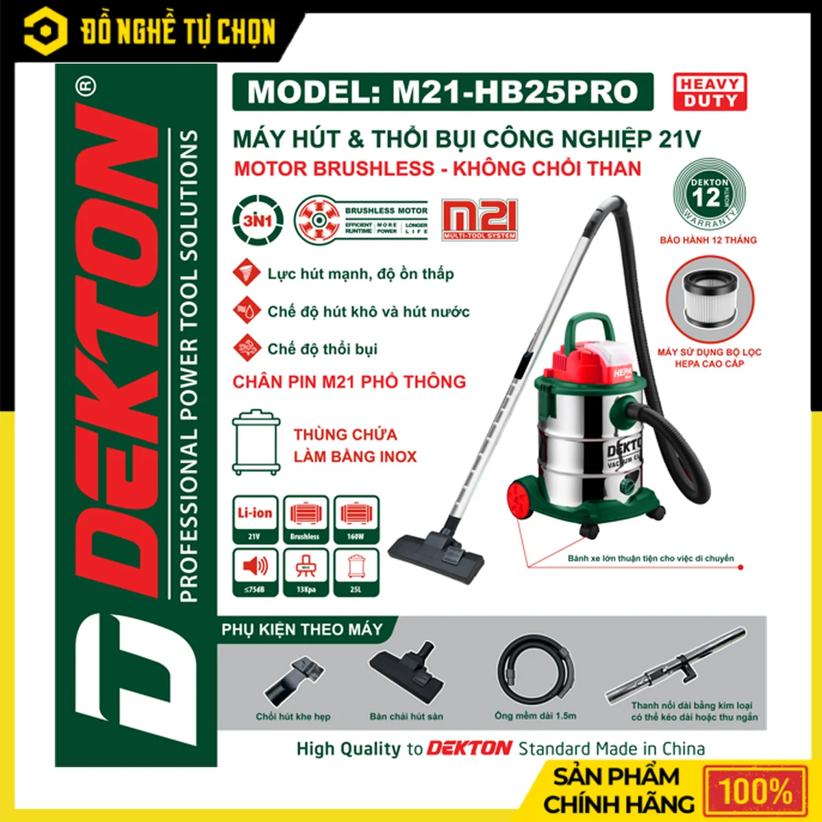 Combo Máy Hút Bụi Pin 21V Dekton M21-HB25PRO + Pin 4.0Ah + Sạc 2.5A