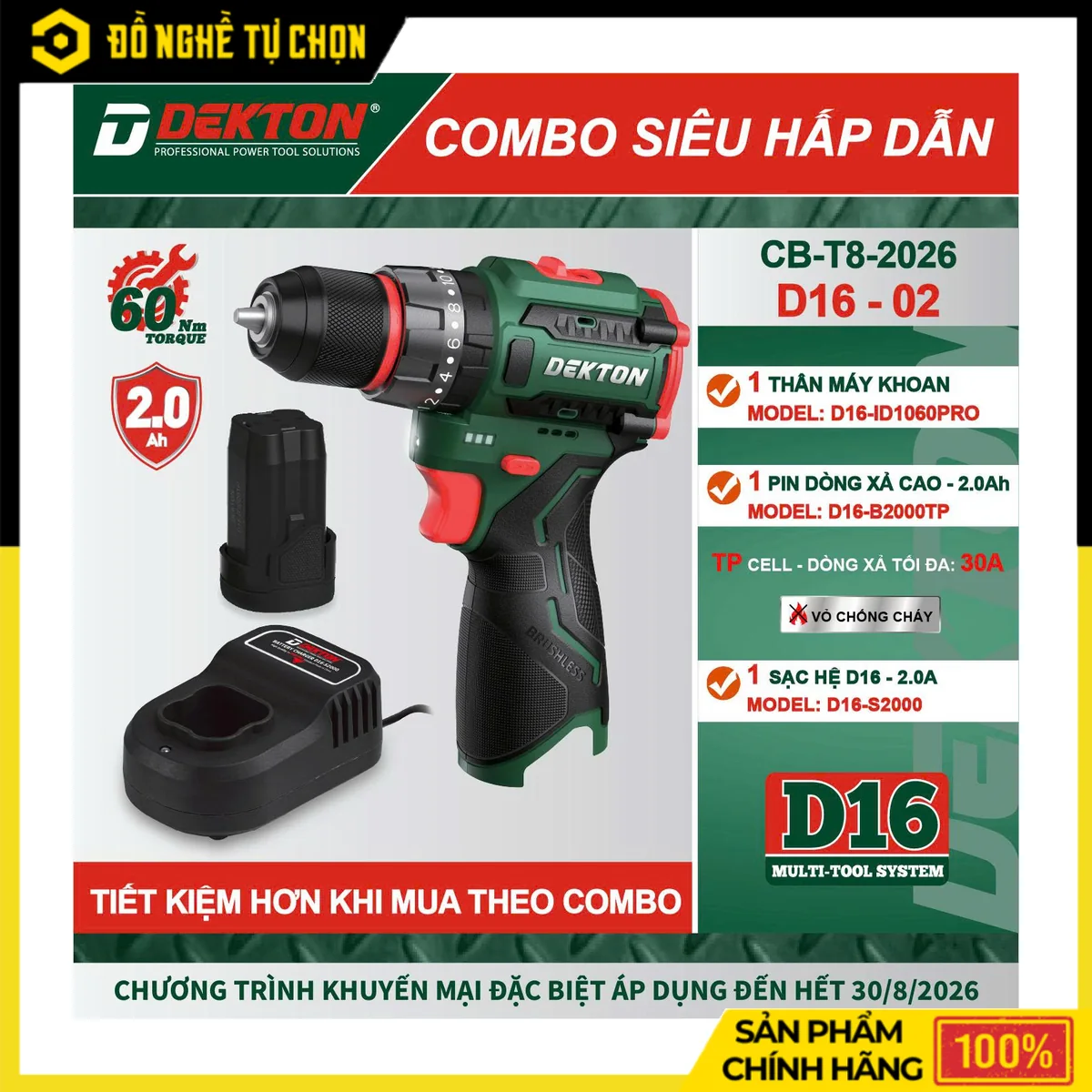 Combo Máy Khoan Bắt Vít 16.8V Dekton D16-ID1060PRO 3 Chức Năng + Pin 2.0Ah + Sạc 2A