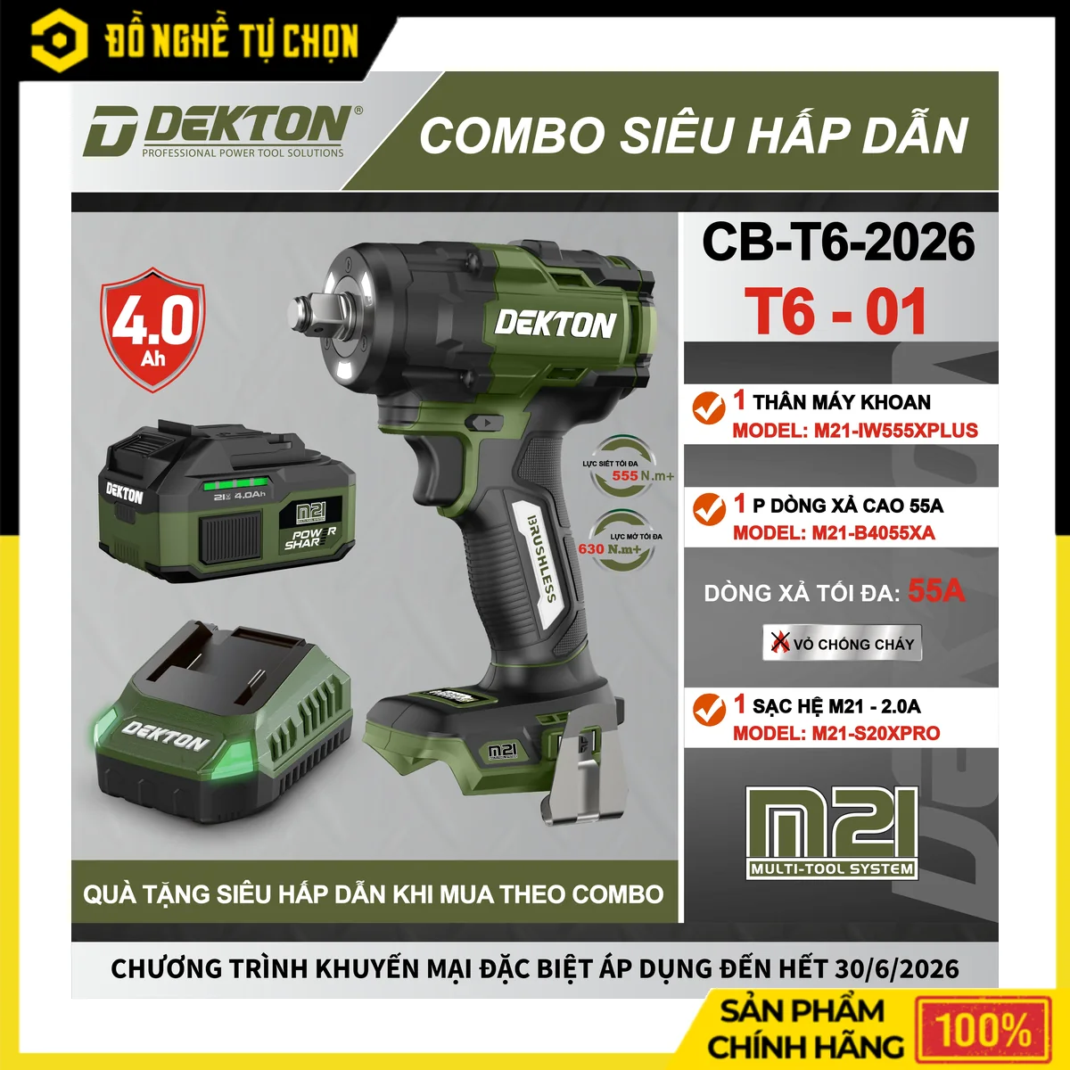Combo Máy Siết Bu Lông Pin 21V Dekton M21-IW555XPLUS 555N.m + Pin 4.0Ah + Sạc 2A – Brushless, 4 Tốc Độ