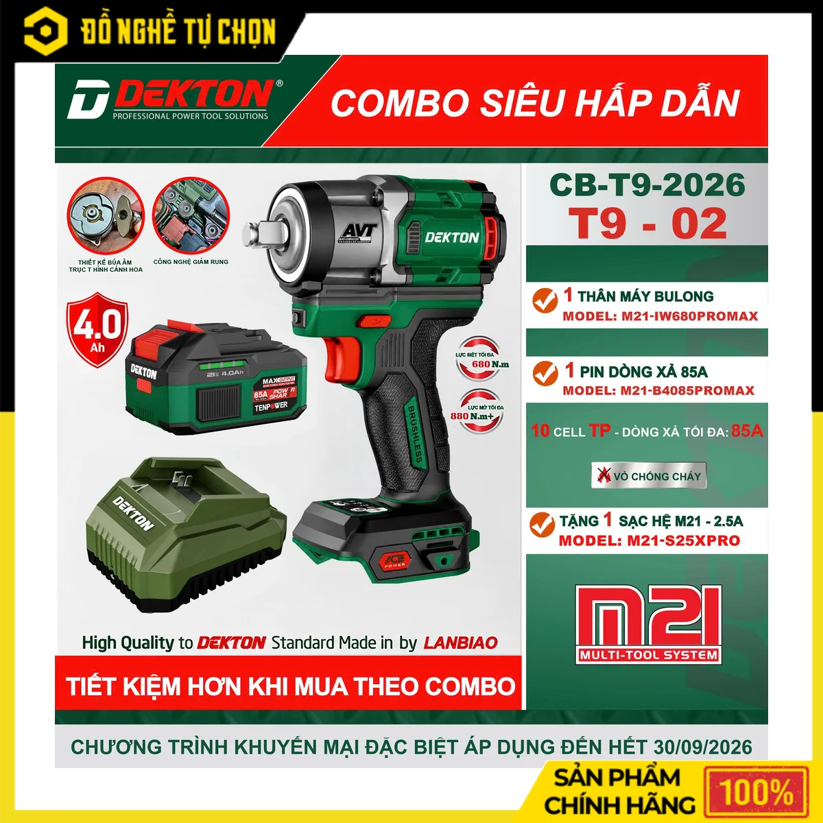 Combo Máy Siết Bu Lông Pin 21V Dekton M21-IW680PROMAX 680N.m + Pin 4.0Ah + Sạc 2.5A – Hệ ACE Cao Cấp