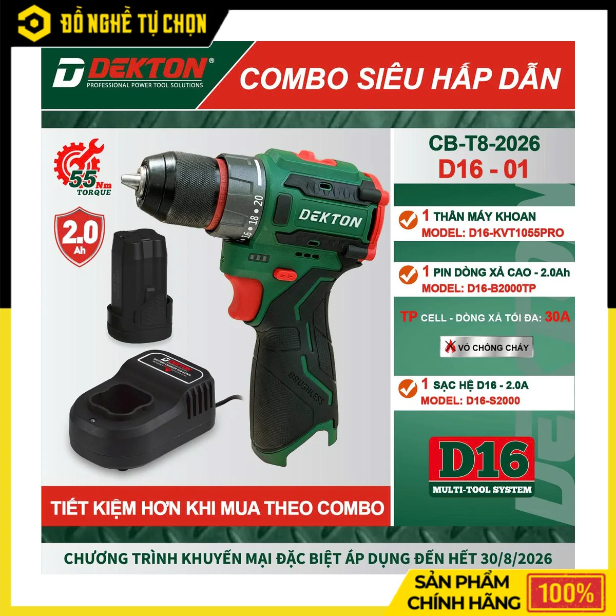 Combo Máy Khoan Bắt Vít 16.8V Dekton D16-KVT1055PRO 2 Chức Năng + Pin 2.0Ah + Sạc 2A