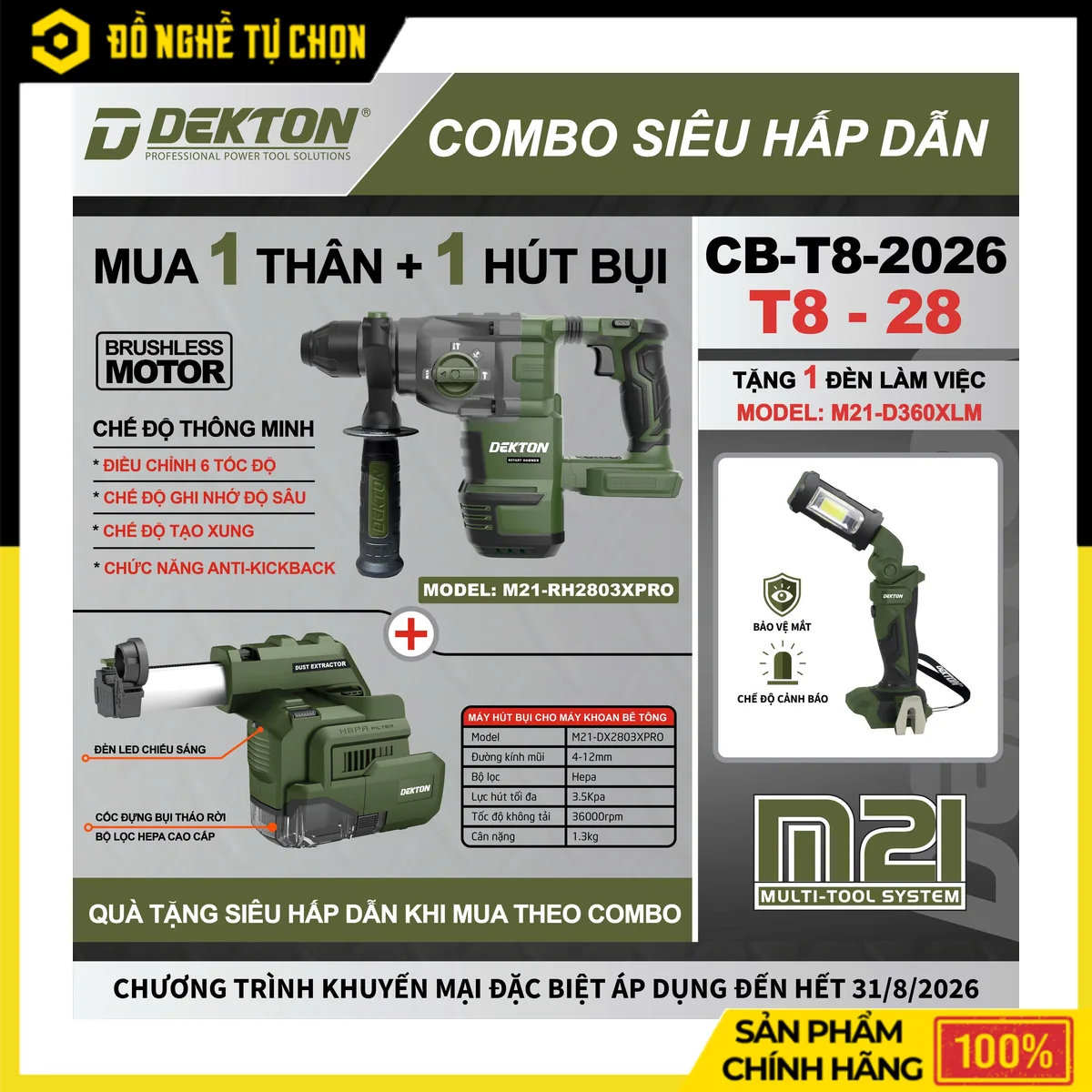 Combo Khoan Đục 3 Chức Năng Pin 21V Dekton M21-RH2803PRO + Hút Bụi M21-DX2803PRO – Lực Đập 3.2J, AVT