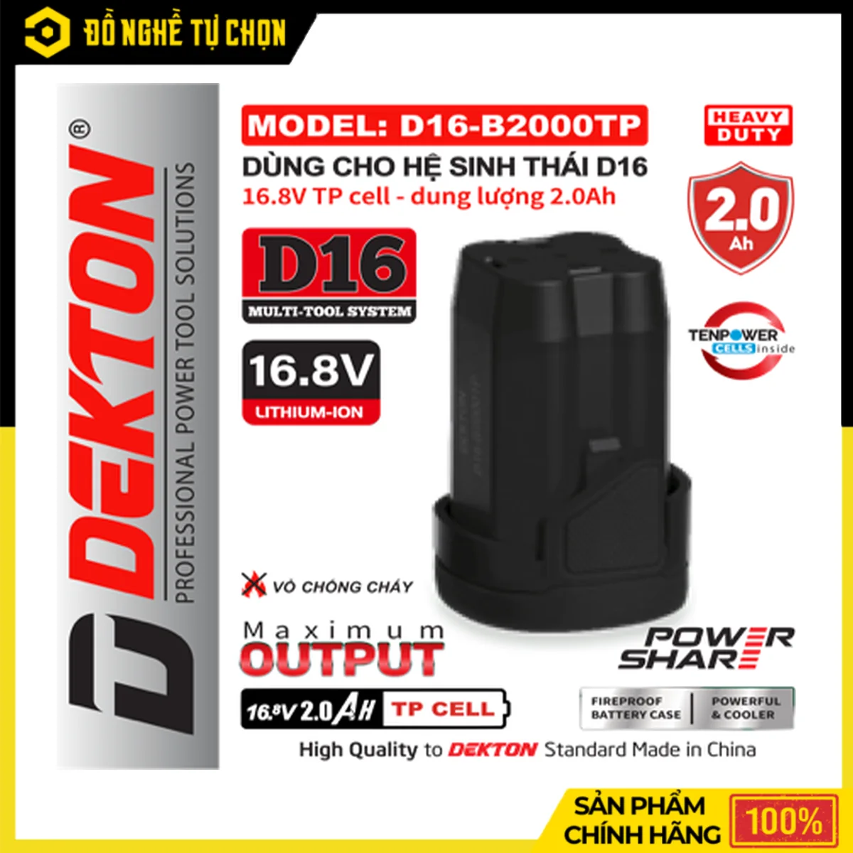 Pin 16.8V 2.0Ah Dekton D16-B2000TP – Cell TP, Vỏ Pin Chống Cháy, Màu Đen