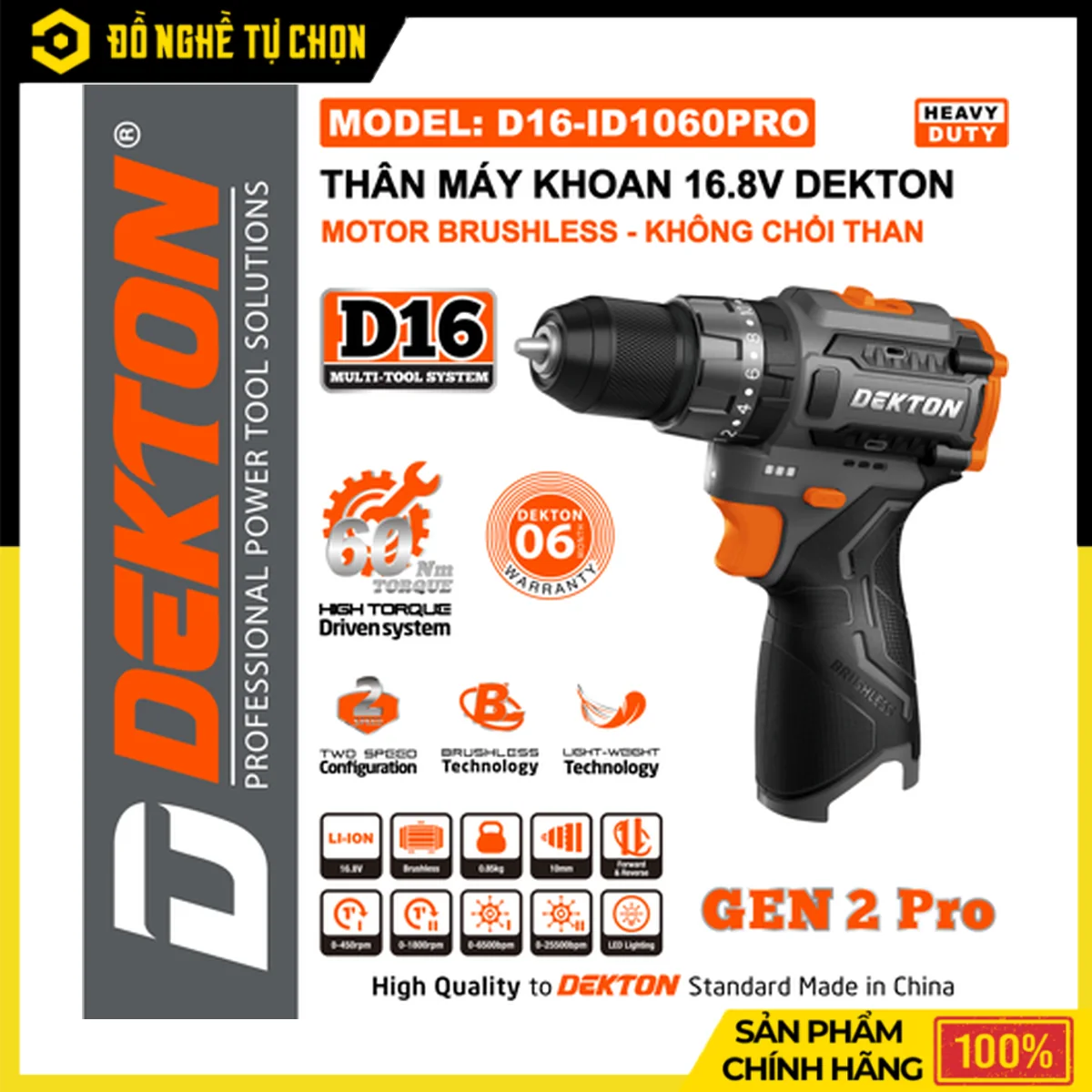 [THÂN] Máy Khoan Bắt Vít 16.8V Dekton D16-ID1060PRO – 2 Tốc Độ, 3 Chức Năng Khoan Tường Bắt Vít