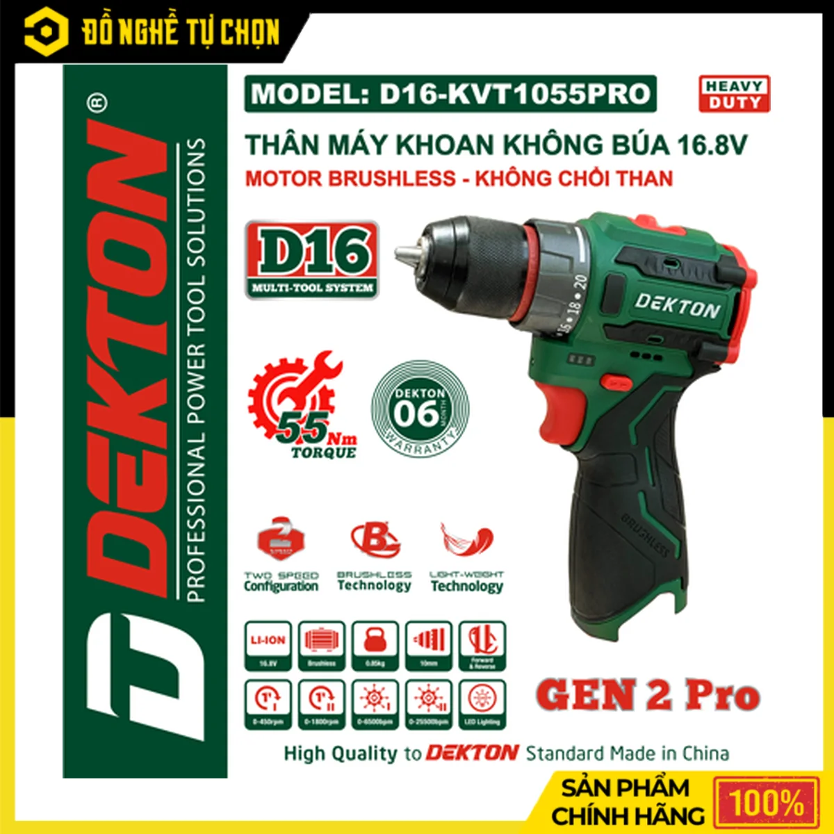 [THÂN] Máy Khoan Bắt Vít 16.8V Dekton D16-KVT1055PRO – 2 Tốc Độ, 2 Chức Năng Khoan Và Bắt Vít