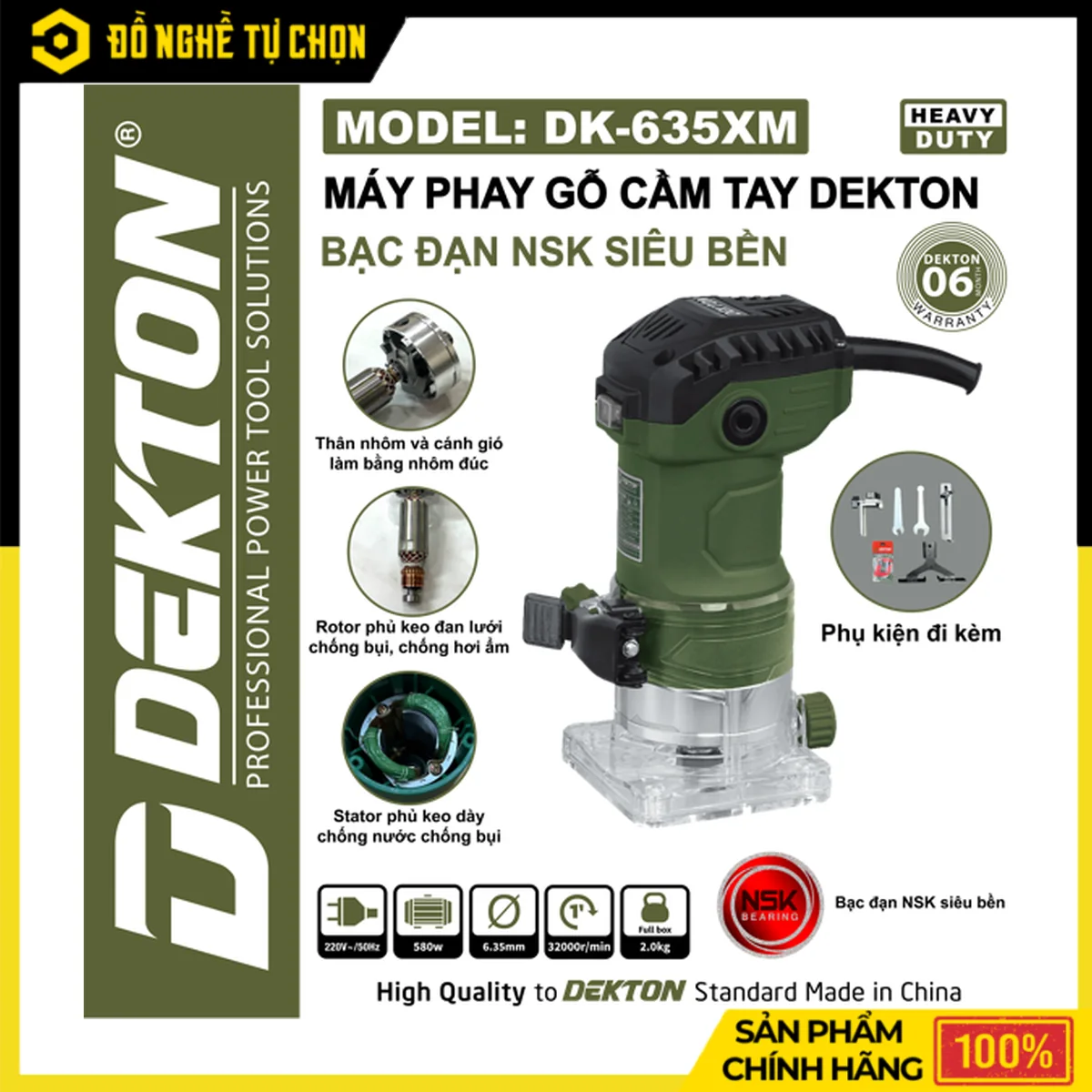 Máy Soi Máy Phay 580W Dekton DK-635XM – Stator 100% Dây Đồng, Vòng Bi NSK, Tốc Độ 3200r/min