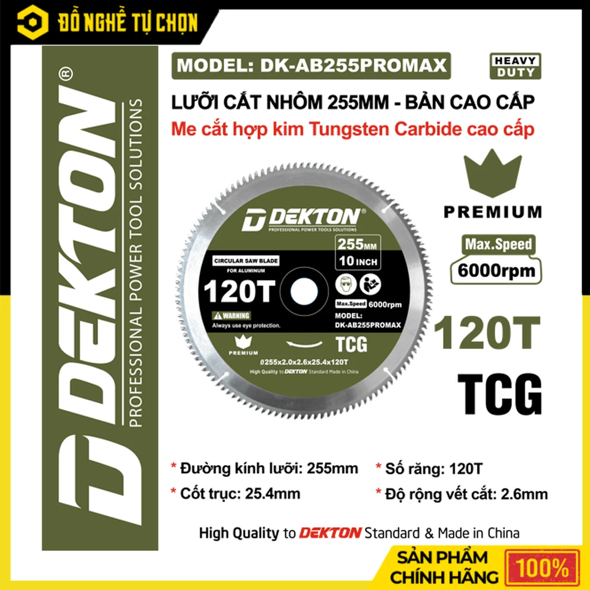 Lưỡi Cắt Nhôm Cắt Gỗ 255mm Dekton DK-AB255PROMAX – Phiên Bản Cao Cấp, 120 Răng, Tungsten Carbide