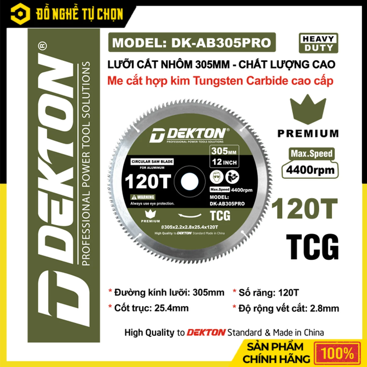 Lưỡi Cắt Nhôm Cắt Gỗ 305mm Dekton DK-AB305PRO – 120 Răng, Bản Thép 75CR1, Hợp Kim Tungsten Carbide