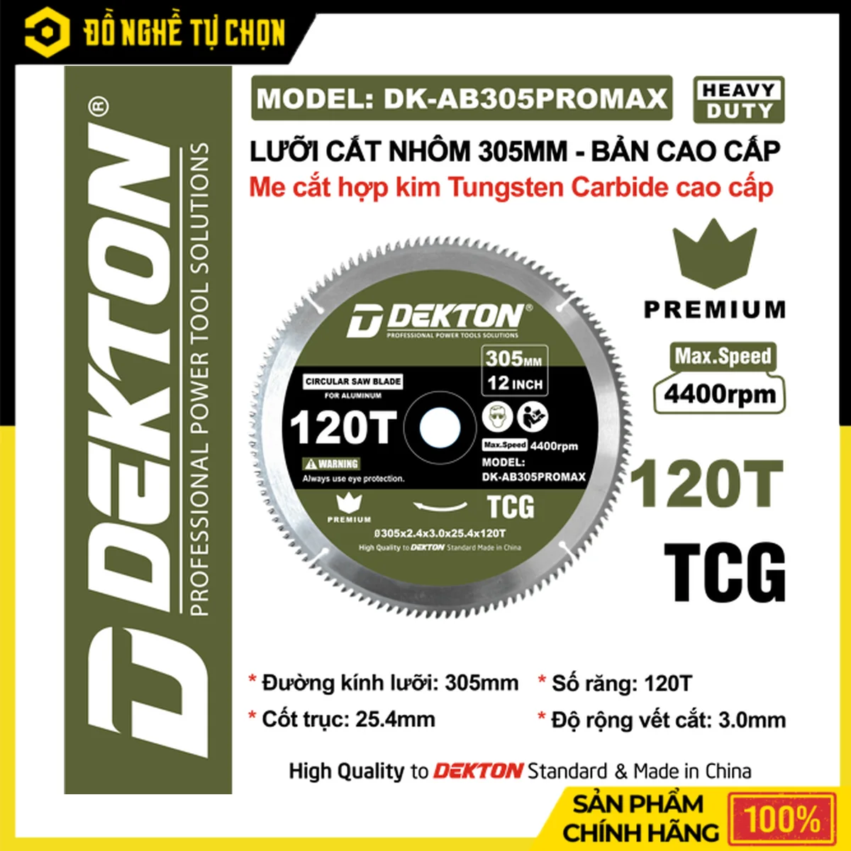 Lưỡi Cắt Nhôm Cắt Gỗ 305mm Dekton DK-AB305PROMAX – Bản Cao Cấp 120 Răng, Thép 75CR1, Tungsten Carbide