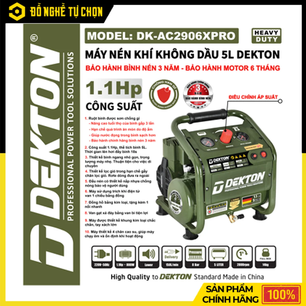 Máy Nén Khí Không Dầu 5L Dekton DK-AC2906XPRO – 1.1HP, Lên Hơi Đầy Bình 18 Giây, Bình Thép Chống Rỉ