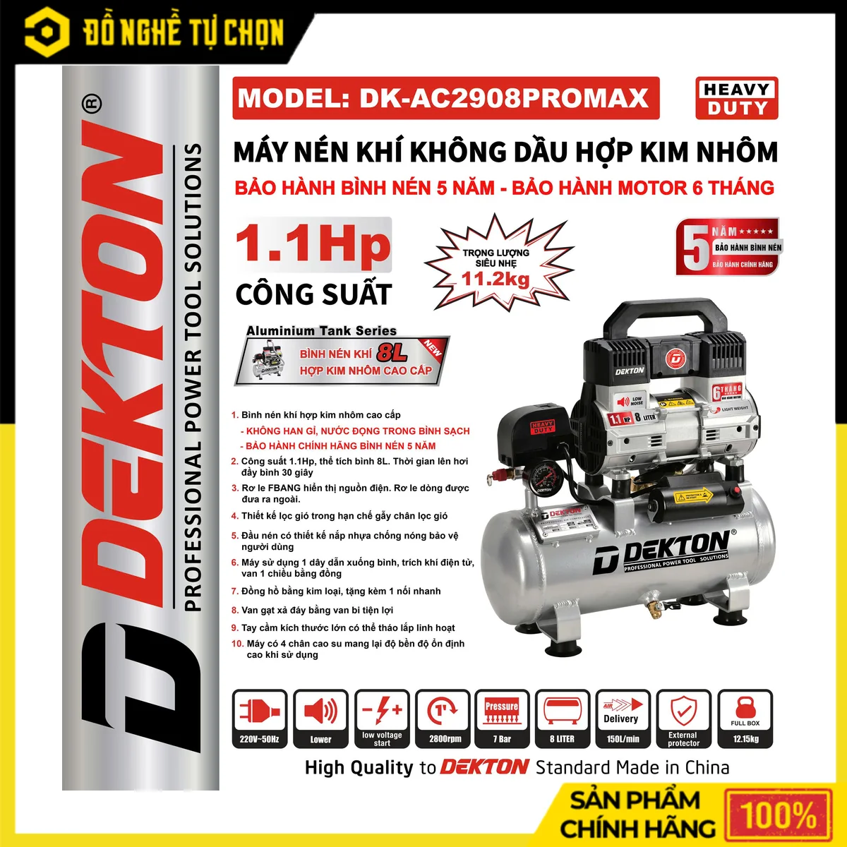 Máy Nén Khí Không Dầu 8L Bình Hợp Kim Nhôm Dekton DK-AC2908PROMAX – 1.1HP, Bảo Hành Bình Nén 5 Năm