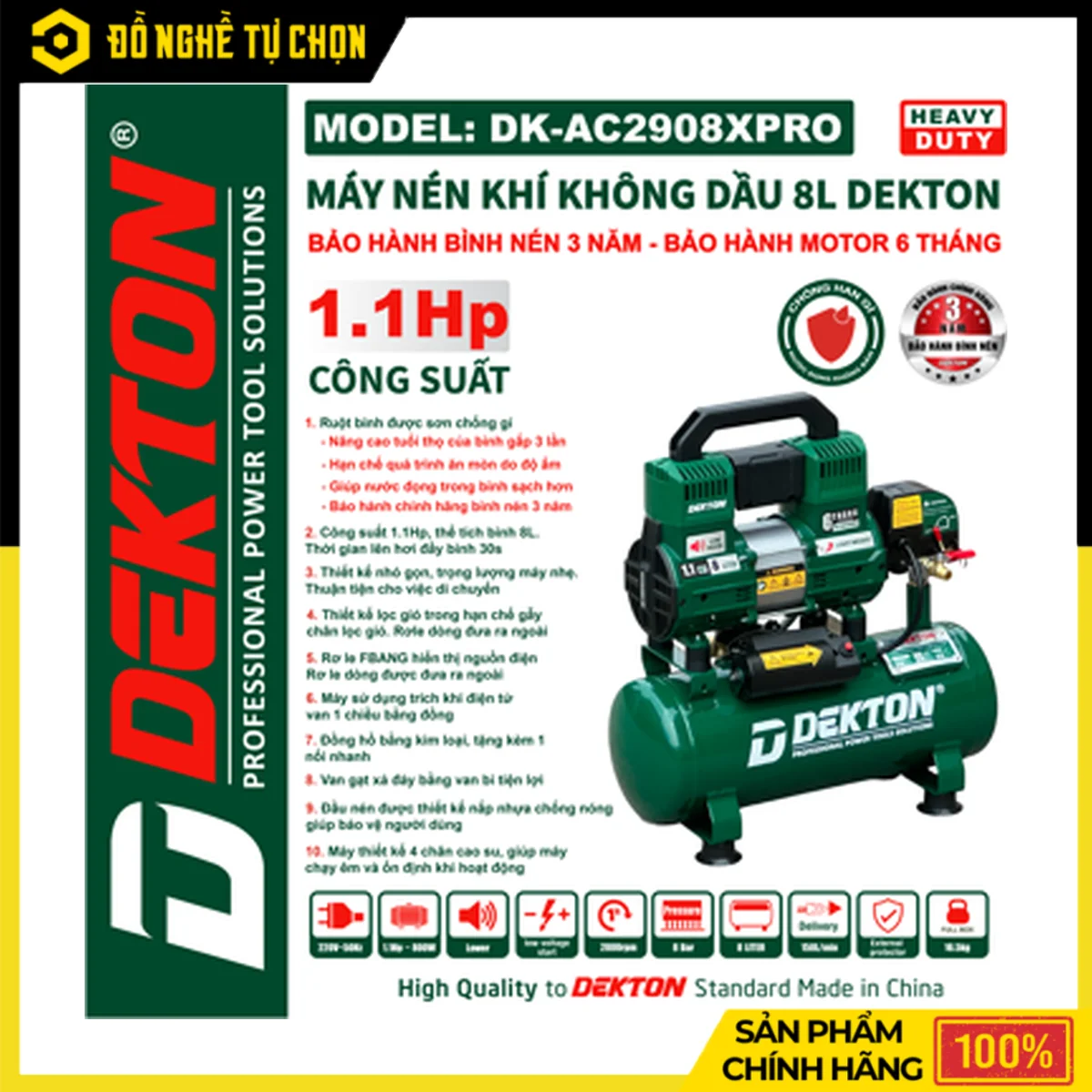 Máy Nén Khí Không Dầu 8L Dekton DK-AC2908PRO – 1.1HP, Lên Hơi Đầy Bình 30 Giây, Rơ Le FBANG
