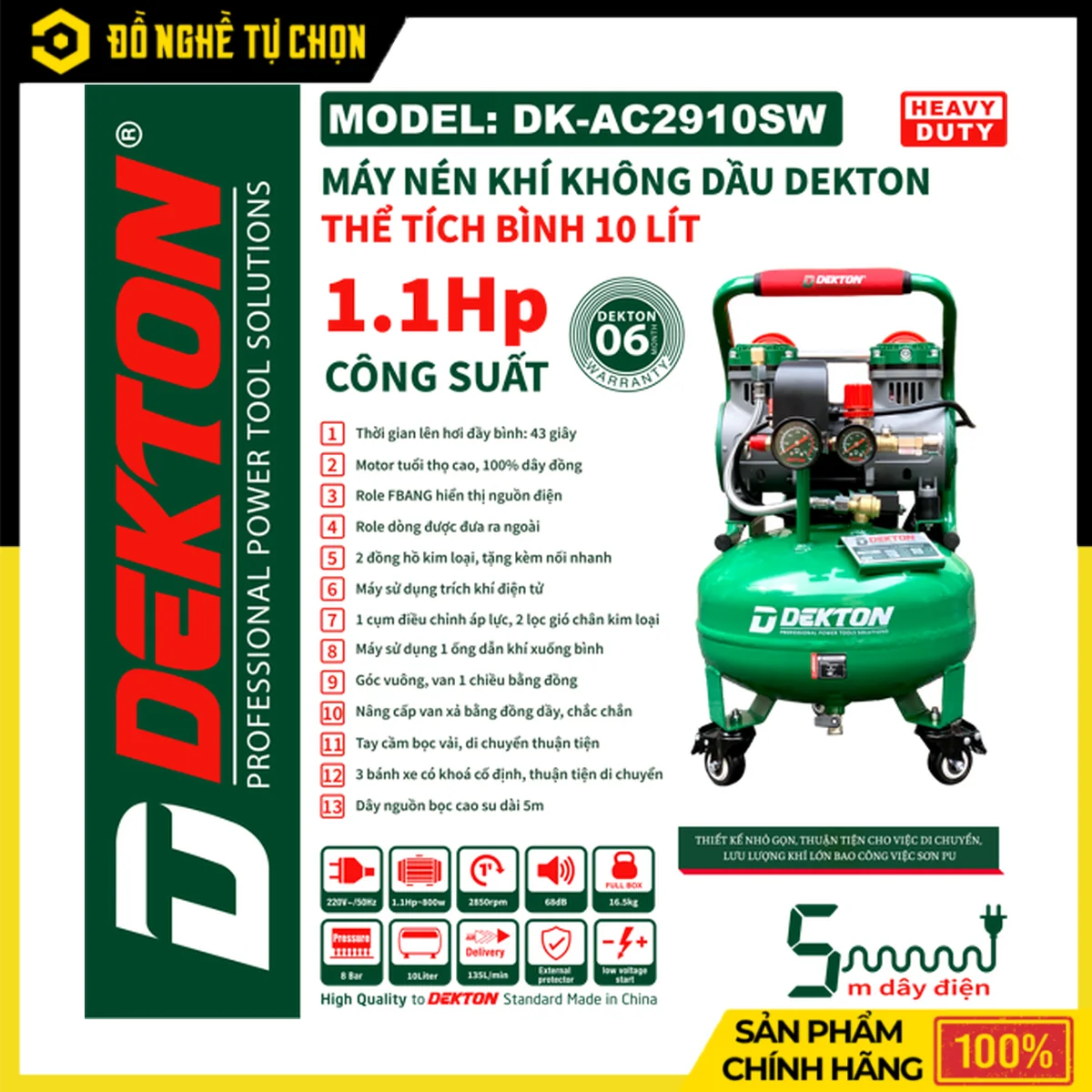 Máy Nén Khí Không Dầu 10L Dekton DK-AC2910SW – 800W, 8 Bar, 135L/Phút, Lên Hơi Đầy Bình 43 Giây
