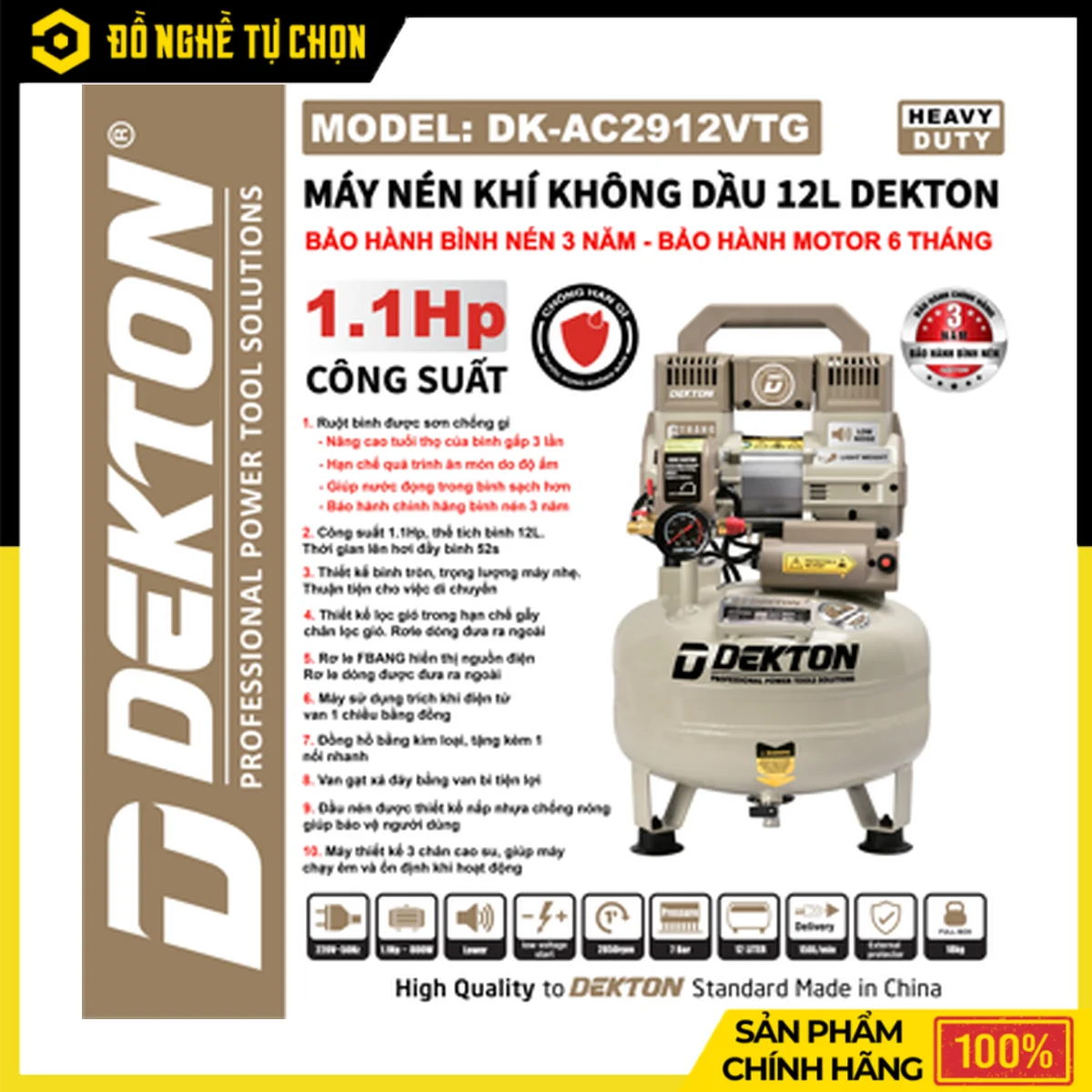 Máy Nén Khí Không Dầu 12L Dekton DK-AC2912VTG – 1.1HP, 7 Bar, Lên Hơi 52 Giây, Bảo Hành Bình Nén 3 Năm