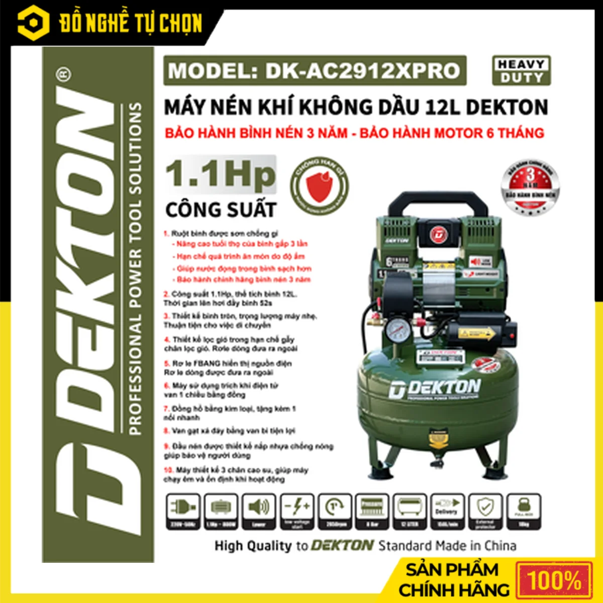 Máy Nén Khí Không Dầu 12L Dekton DK-AC2912PRO – 800W, 150L/Phút, Rơ Le FBANG, Bảo Hành Bình Nén 3 Năm