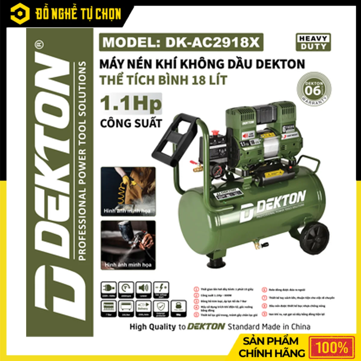 Máy Nén Khí Không Dầu 18L Dekton DK-AC2918LX – 1100W, 7 Bar, 150L/Phút, Tay Kéo Nối Dài 2 Bánh Xe