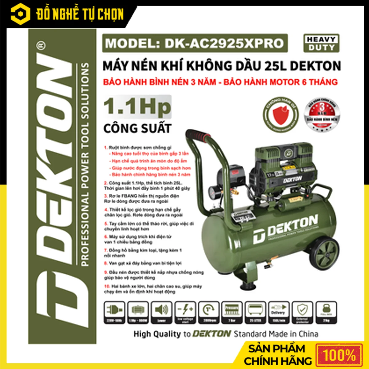 Máy Nén Khí Không Dầu 25L Dekton DK-AC2925PRO – 800W, 7 Bar, 150L/Phút, Bảo Hành Bình Nén 3 Năm