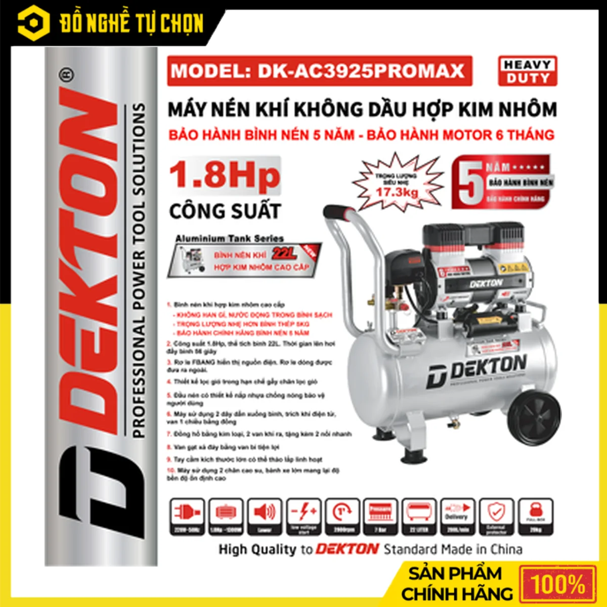 Máy Nén Khí Không Dầu Bình Hợp Kim Nhôm 22L Dekton DK-AC3925PROMAX – 1.8HP, 200L/Phút, Bình Nén 5 Năm
