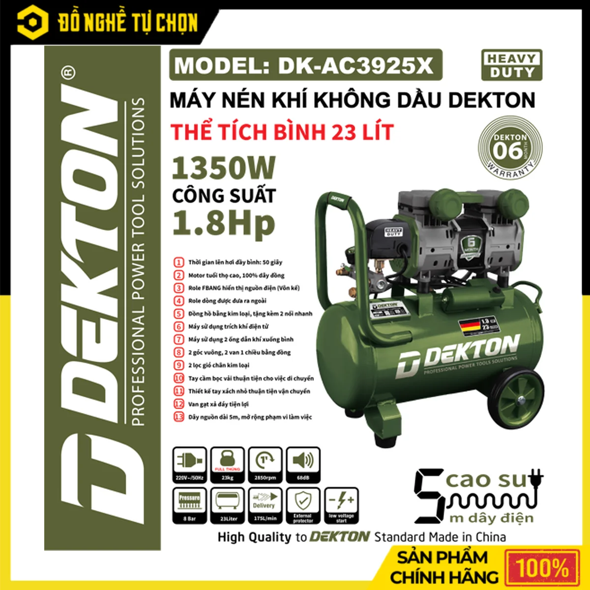 Máy Nén Khí Không Dầu 23L Dekton DK-AC3925X – 1350W, 8 Bar, 175L/Phút, Lên Hơi Đầy Bình 50 Giây