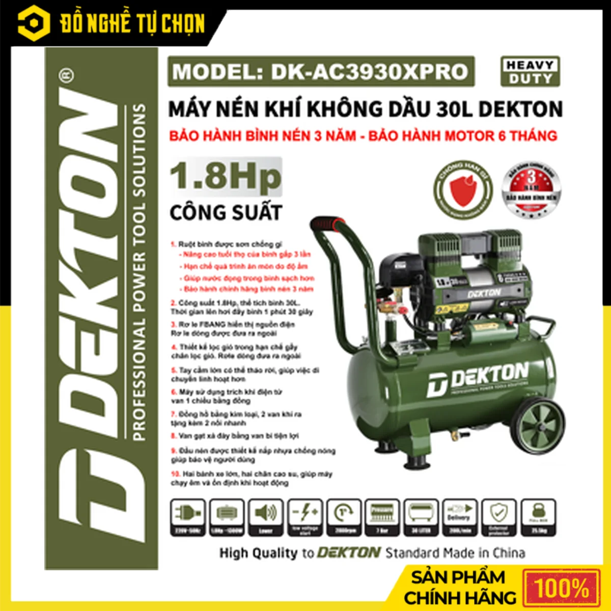 Máy Nén Khí Không Dầu 30L Dekton DK-AC3930PRO – 1.8HP, 200L/Phút, Rơ Le FBANG, Bình Nén 3 Năm