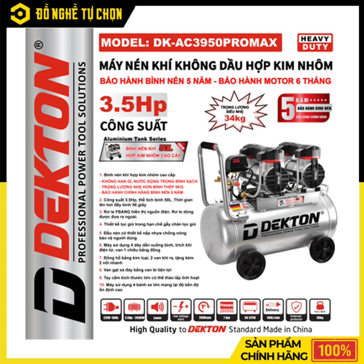Máy Nén Khí Không Dầu Bình Hợp Kim Nhôm 50L Dekton DK-AC3950PROMAX – 3.5HP, 400L/Phút, Bình Nén 5 Năm