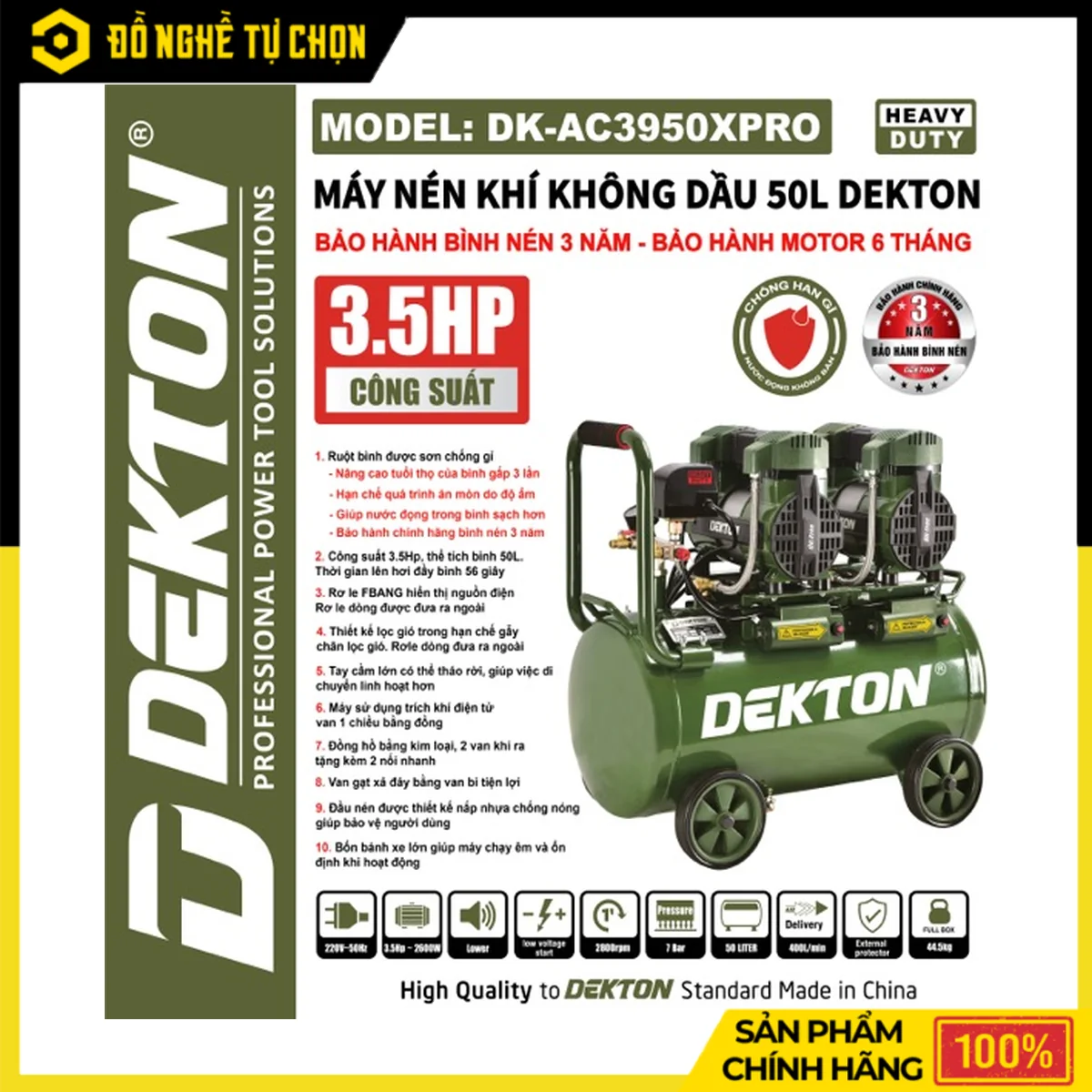 Máy Nén Khí Không Dầu 50L Dekton DK-AC3950PRO – 3.5HP, 400L/Phút, Lên Hơi 56 Giây, Bình Nén 3 Năm
