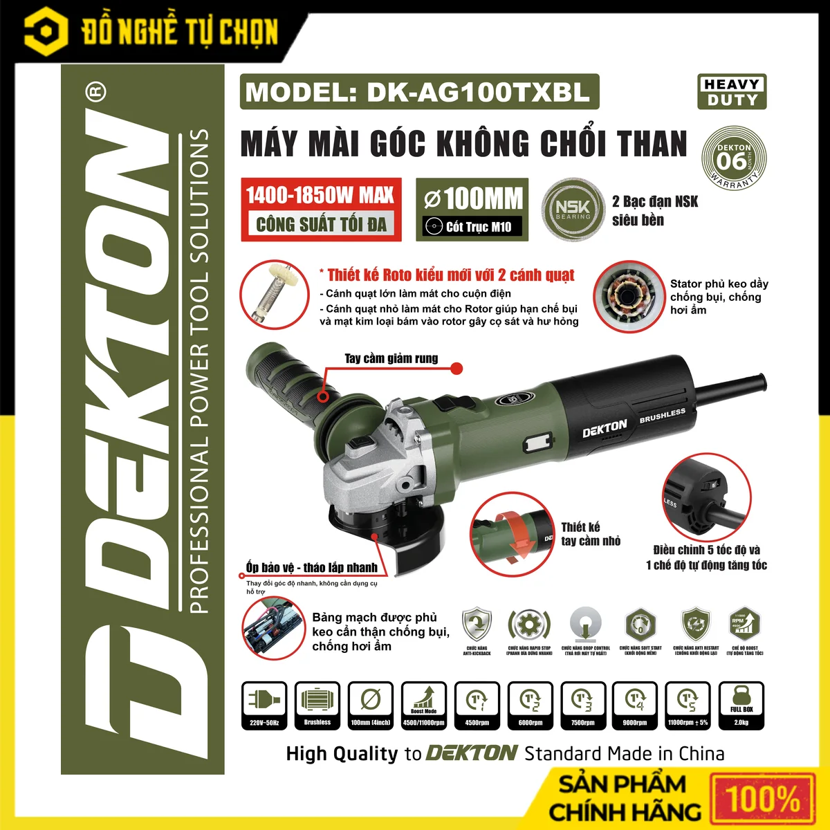 Máy Mài Góc 100mm Brushless Dekton DK-AG100TBL – Công Tắc Trượt, 5 Tốc Độ, 2 Bạc Đạn NSK Siêu Bền