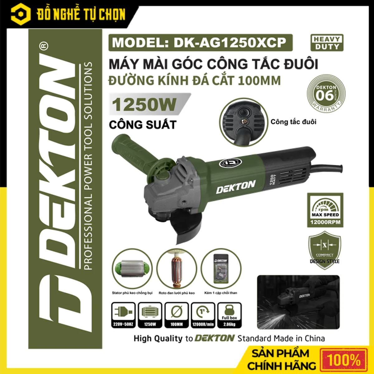 Máy Mài Góc 1250W Đá 100mm Dekton DK-AG1250CP – Công Tắc Đuôi, Motor 100% Dây Đồng, Bảo Hành 6 Tháng