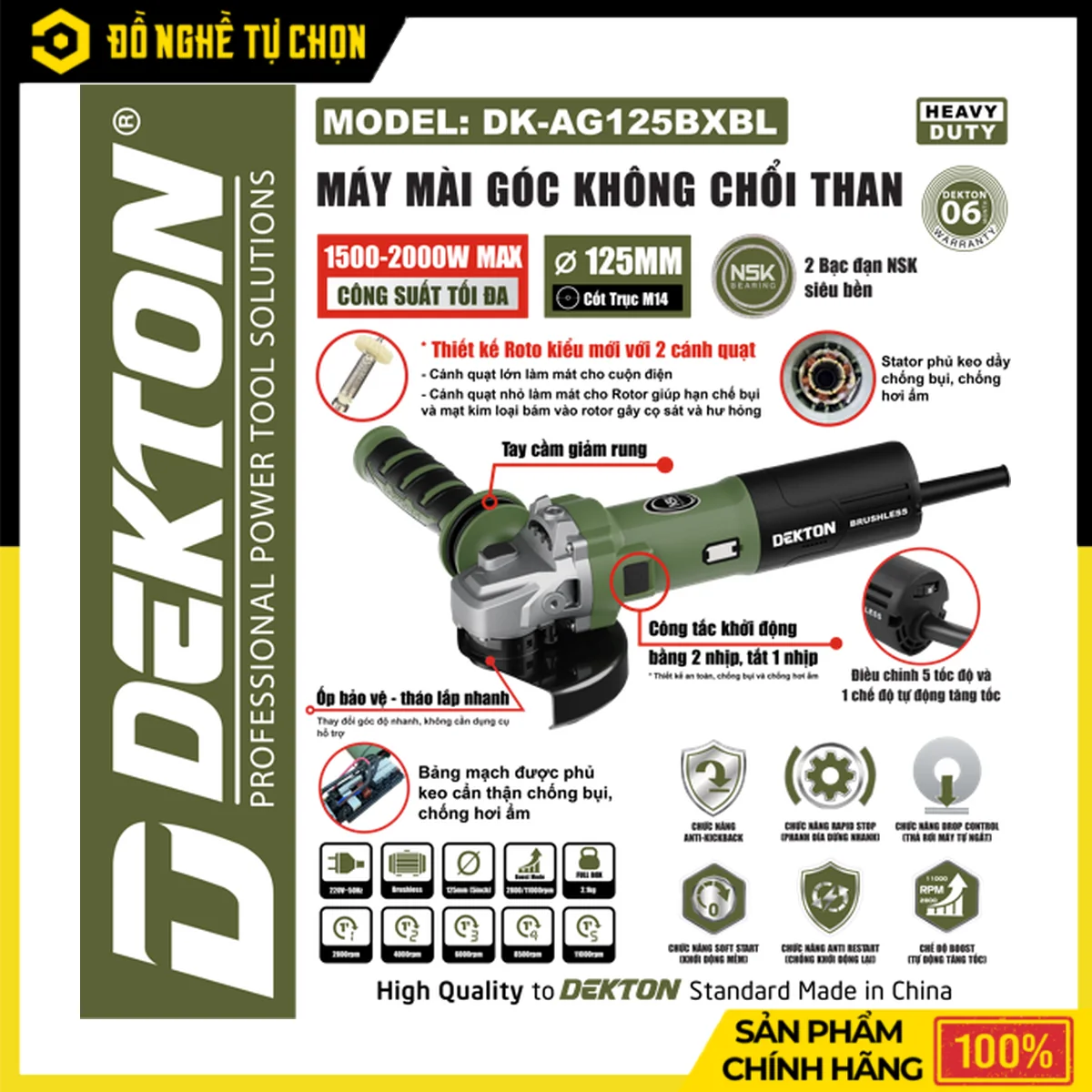 Máy Mài Góc 125mm Brushless Dekton DK-AG125BBL – Công Tắc Nút Bấm, 5 Tốc Độ, 2 Bạc Đạn NSK