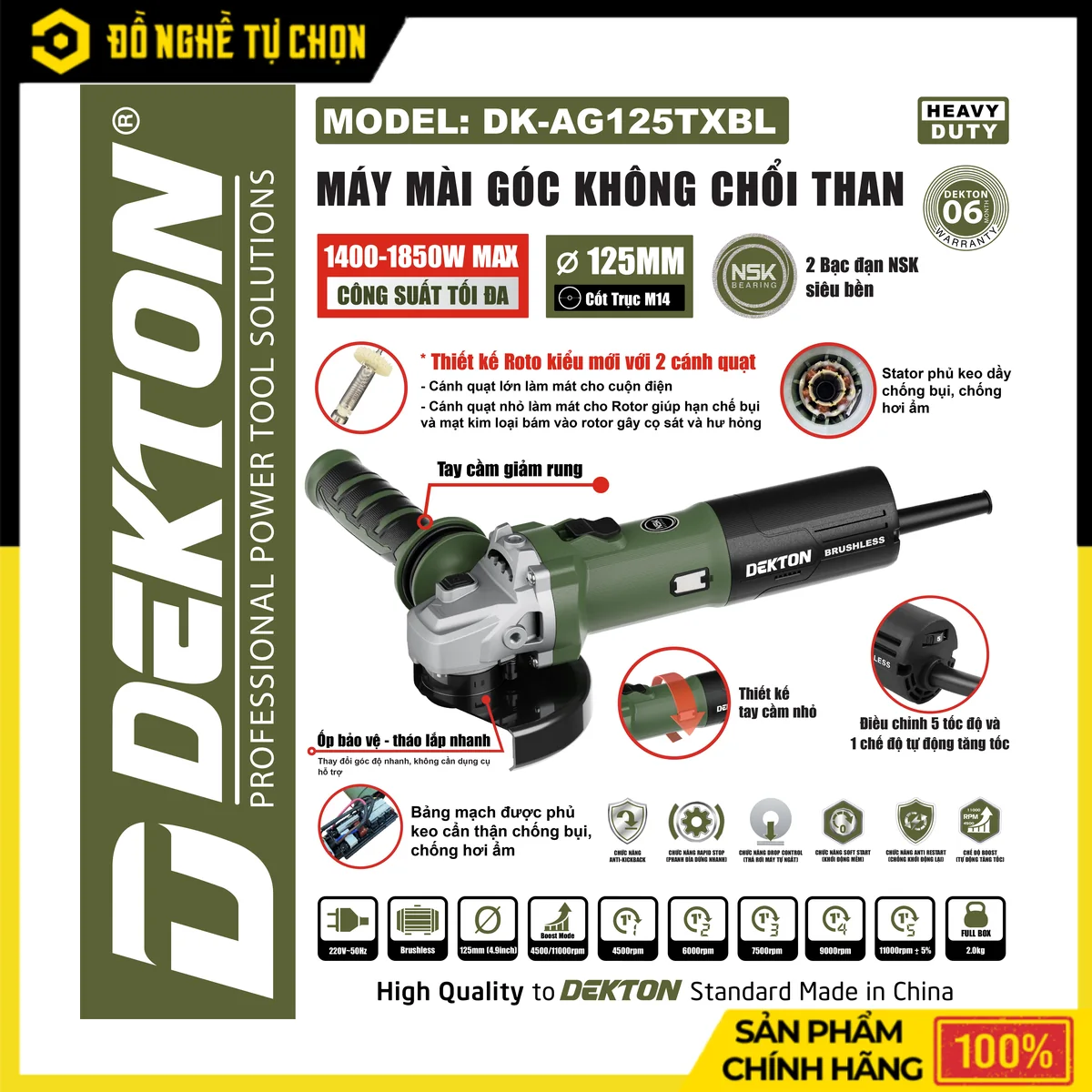 Máy Mài Góc 125mm Brushless Dekton DK-AG125TBL – Công Tắc Trượt, 5 Tốc Độ, 2 Bạc Đạn NSK Siêu Bền