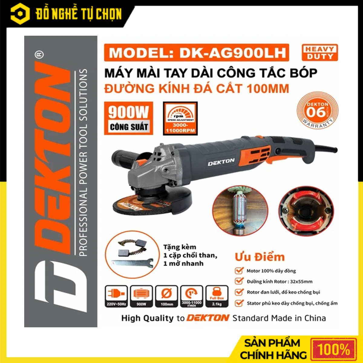 Máy Mài Tay Dài 900W Đá 100mm Dekton DK-AG900LH – Chỉnh Tốc 6 Số, Motor 100% Dây Đồng, Công Tắc Bóp