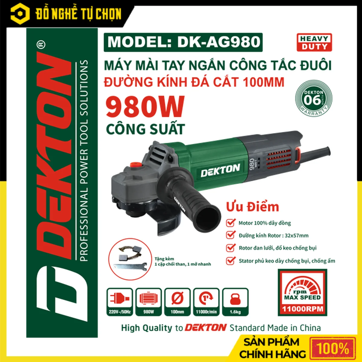 Máy Mài Góc 980W Dekton DK-AG980 – Đá 100mm, Công Tắc Đuôi, Motor 100% Dây Đồng, Nặng 1.6kg