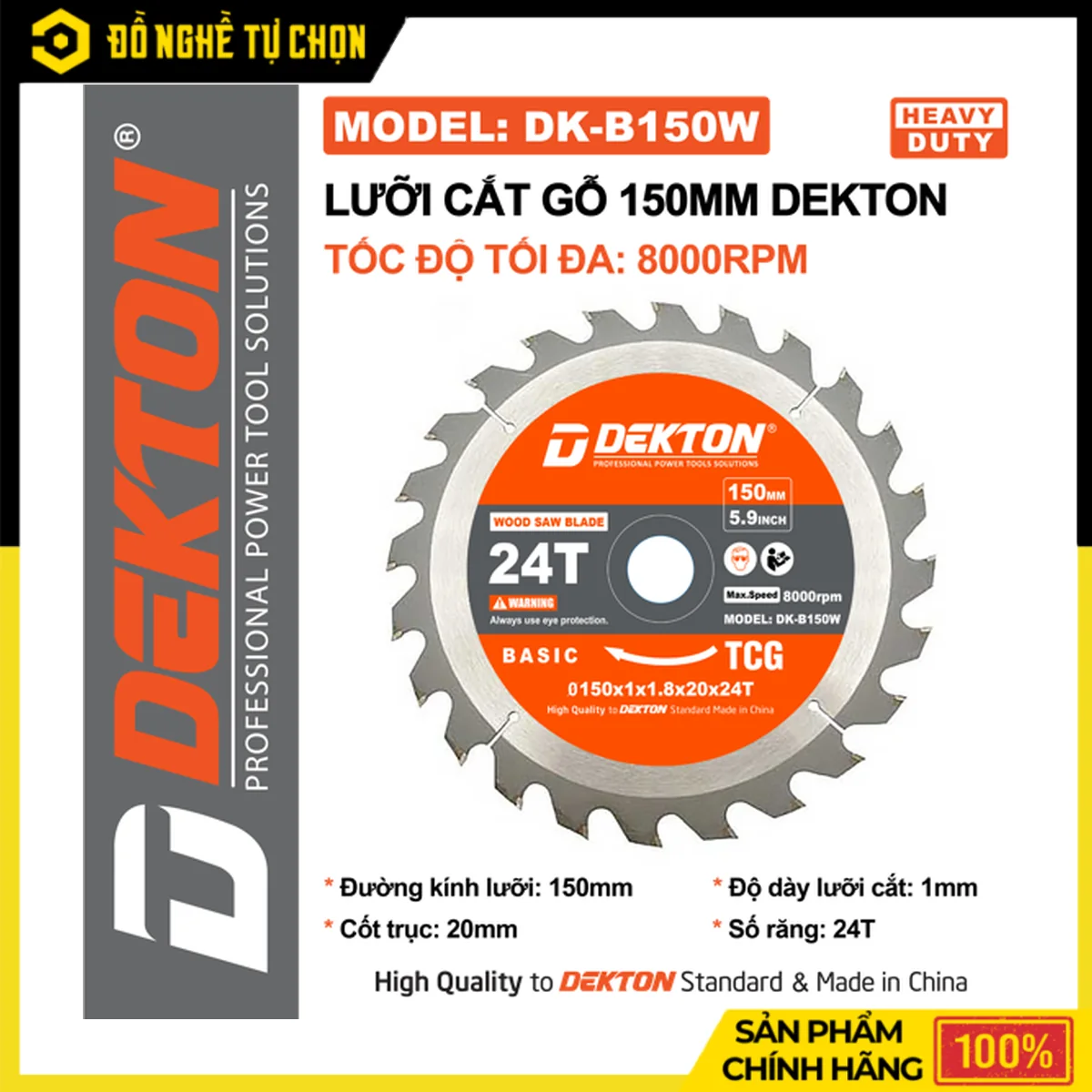 Lưỡi Cắt Gỗ 150mm Dekton DK-B150W – 24 Răng, Cốt Trục 20mm, Tốc Độ Tối Đa 8000RPM, Hàng Sẵn Kho