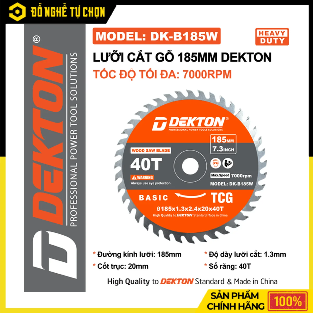 Lưỡi Cắt Gỗ 185mm Dekton DK-B185W – 40 Răng, Cốt Trục 20mm, Tốc Độ Tối Đa 7000RPM, Hàng Sẵn Kho