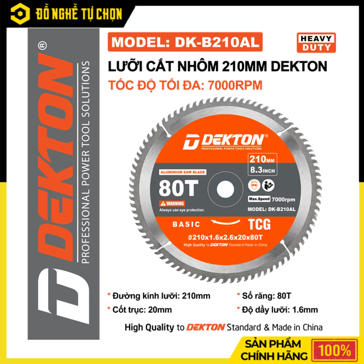 Lưỡi Cắt Nhôm Cắt Gỗ 210mm Dekton DK-B210AL – 80 Răng, Cốt Trục 20mm, Tốc Độ Tối Đa 7000RPM