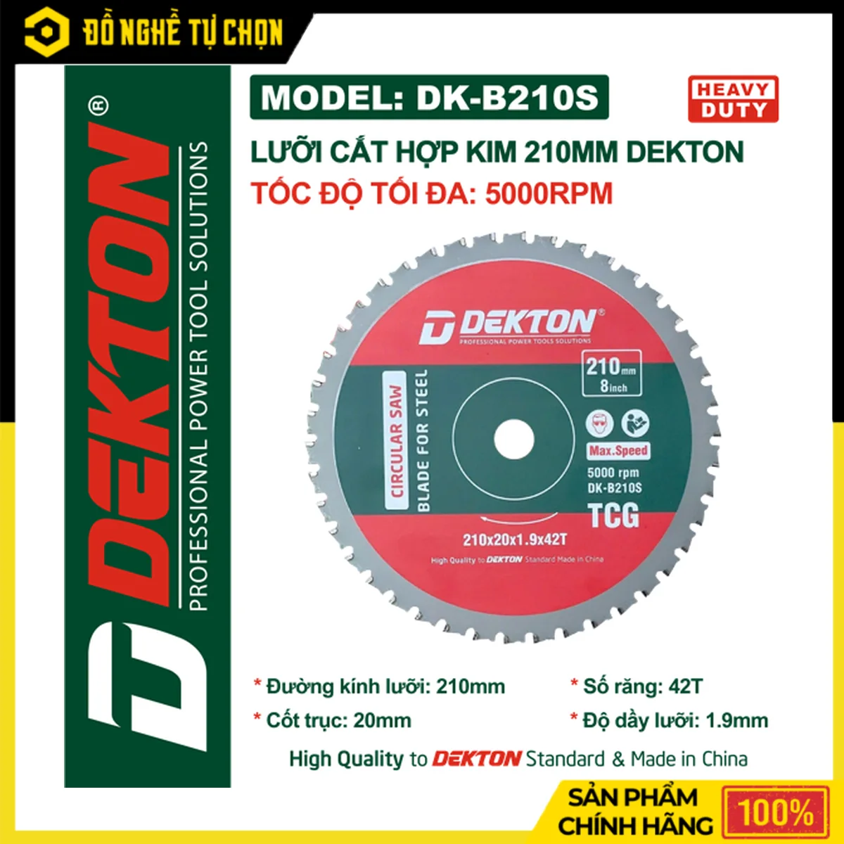 Lưỡi Cắt Hợp Kim Đa Năng 210mm Dekton DK-B210S – 42 Răng, Cốt Trục 20mm, Tốc Độ Tối Đa 5000RPM