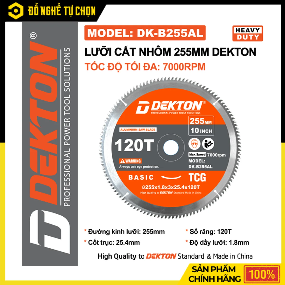 Lưỡi Cắt Nhôm Cắt Gỗ 255mm Dekton DK-B255AL – 120 Răng, Cốt Trục 25.4mm, Tốc Độ Tối Đa 7000RPM