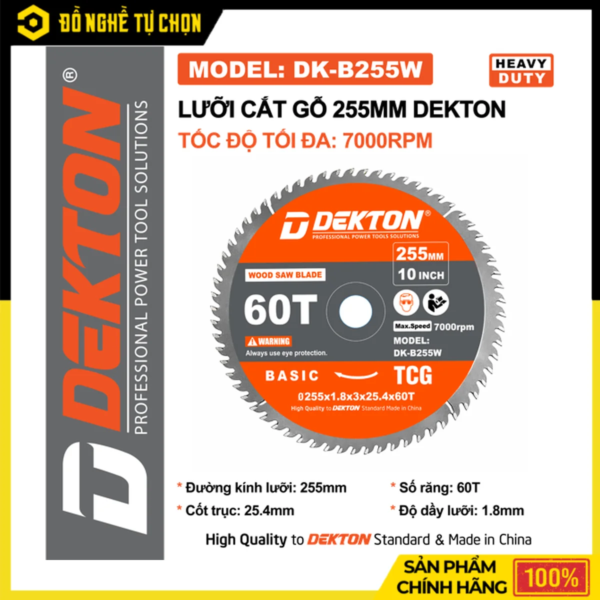 Lưỡi Cắt Gỗ 255mm Dekton DK-B255W – 60 Răng, Cốt Trục 25.4mm, Tốc Độ Tối Đa 7000RPM