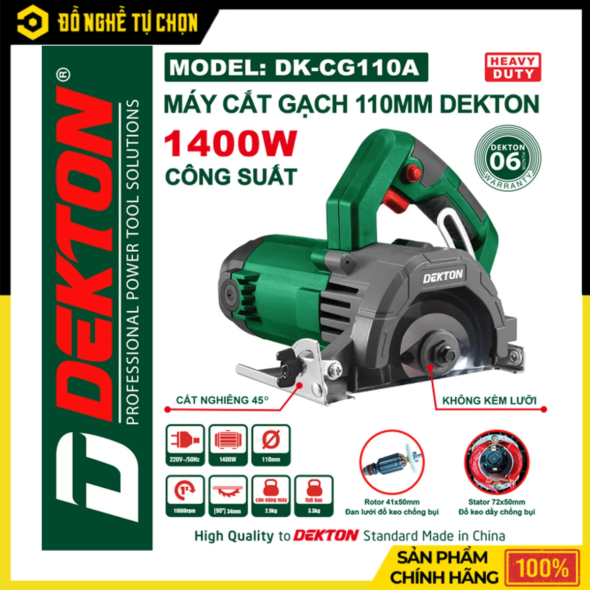 Máy Cắt Gạch 1400W Lưỡi 110mm Dekton DK-CG110A – Cắt Nghiêng 45 Độ, 11000RPM, Không Kèm Lưỡi Cắt