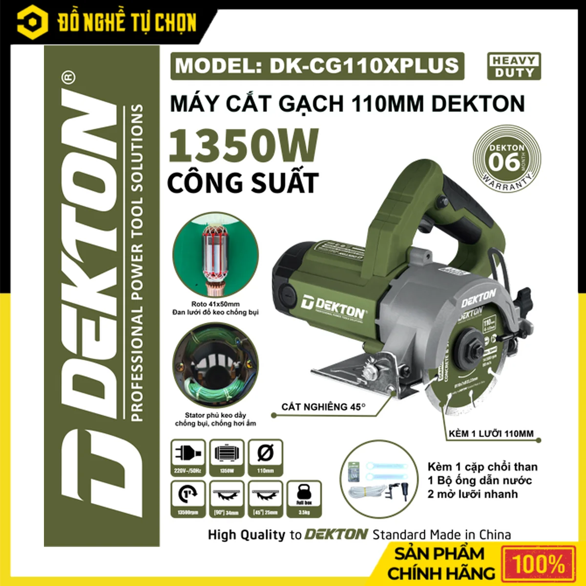 Máy Cắt Gạch 1350W Bản Cao Cấp Dekton DK-CG110PLUS – Kèm Lưỡi 110mm, Ống Dẫn Nước, Nghiêng 45 Độ