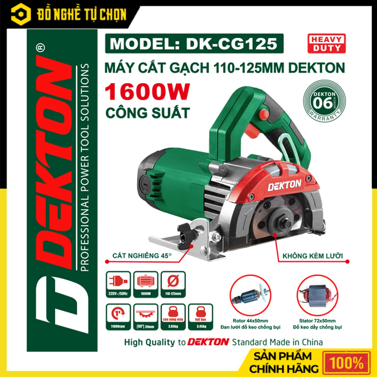 Máy Cắt Gạch 1600W Dekton DK-CG125 – Lắp Lưỡi 110-125mm, Cắt Nghiêng 45 Độ, Tốc Độ 11000RPM