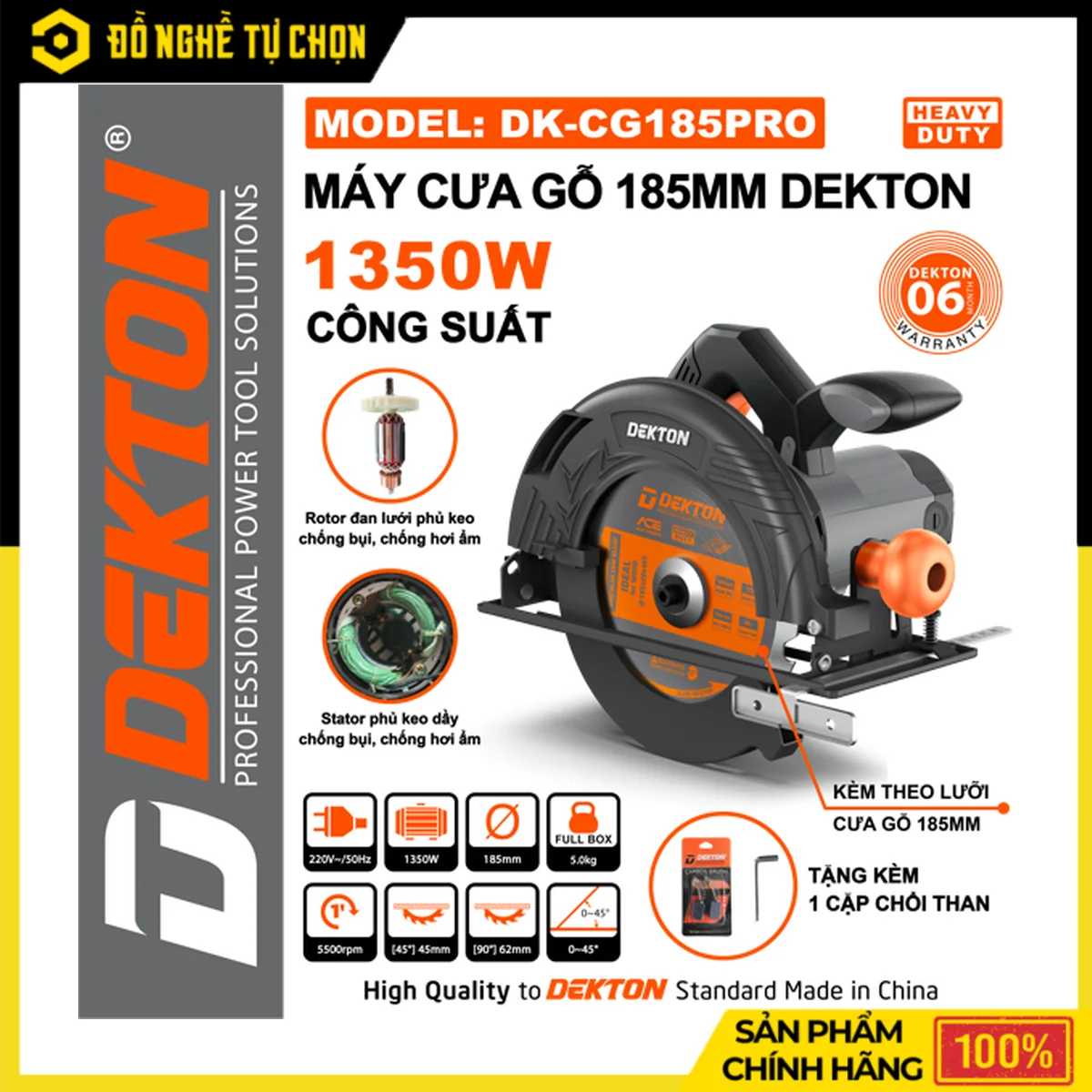Máy Cưa Gỗ 1350W Lưỡi 185mm Dekton DK-CG185PRO – Kèm Lưỡi Cưa, Cắt Nghiêng 45 Độ, Cắt Sâu 62mm