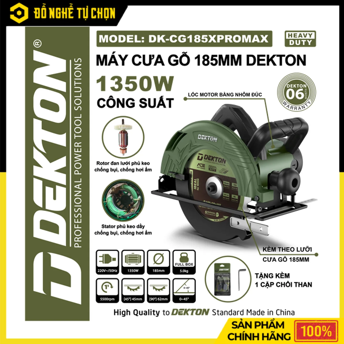 Máy Cưa Gỗ 1350W Lưỡi 185mm Dekton DK-CG185PROMAX – Lốc Motor Nhôm Đúc, Cắt Sâu 62mm, Kèm Lưỡi Cưa