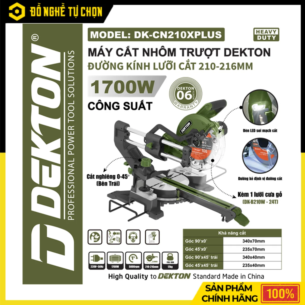 Máy Cắt Nhôm Trượt 210mm 1700W Dekton DK-CN210PLUS – Cắt Nghiêng Trái, Đèn Soi Mạch Cắt, Kèm Lưỡi