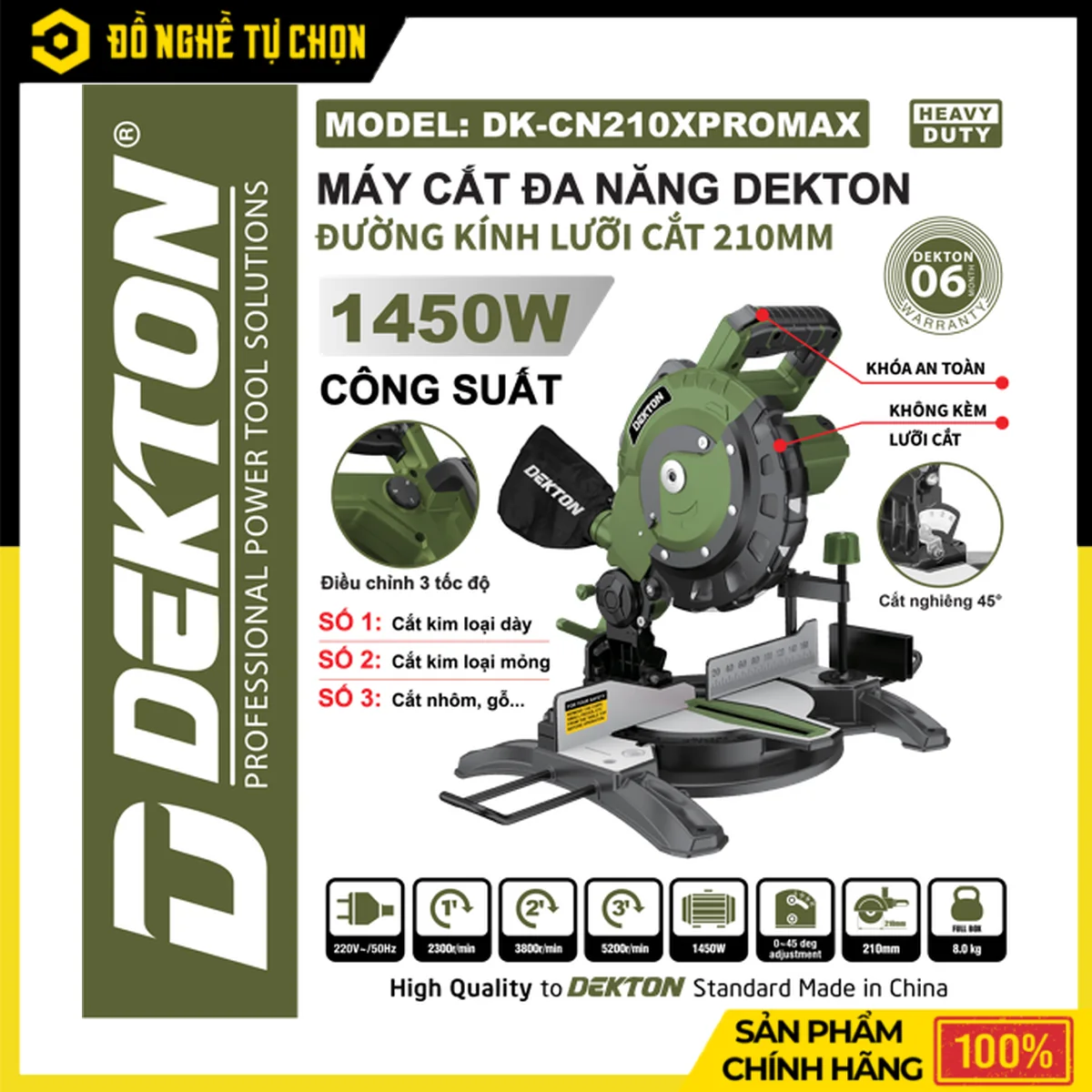 Máy Cắt Đa Năng 210mm Dekton DK-CN210PROMAX – 3 Cấp Tốc Độ 2300-5200RPM, Xoay Góc Và Nghiêng 45 Độ