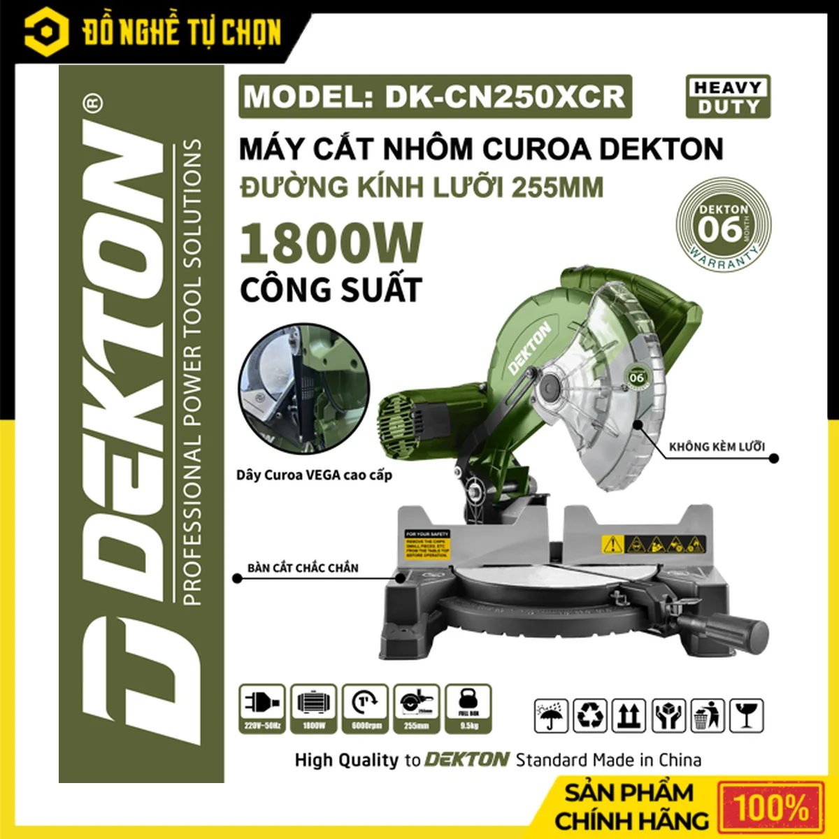 Máy Cắt Nhôm Cắt Gỗ 255mm 1800W Dekton DK-CN250XCR – Dây Curoa VEGA, Tốc Độ 6000RPM, Xoay Góc 45 Độ
