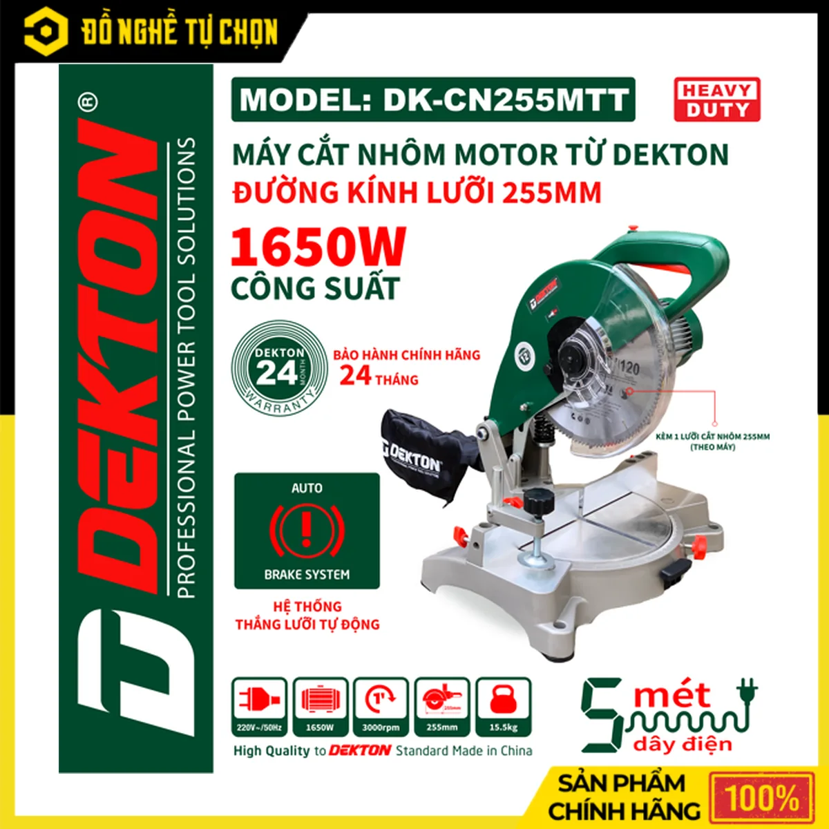 Máy Cắt Nhôm Từ 255mm 1650W Dekton DK-CN255MTT – Kèm Lưỡi Cắt Nhôm, Xoay Góc 45 Độ, Bảo Hành 24 Tháng